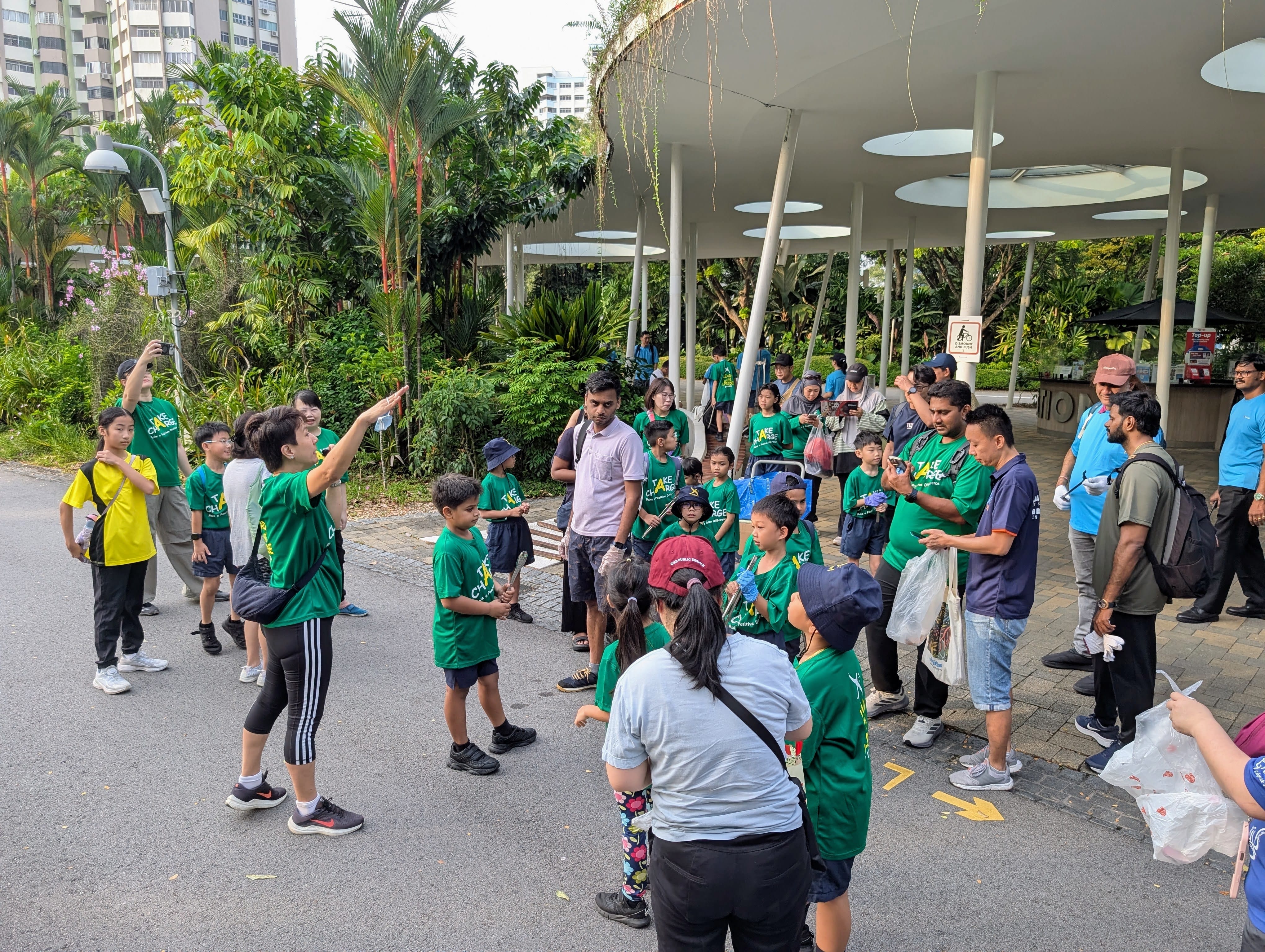Families gathered and working together for environmental conservation